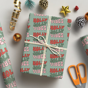 Holly Jolly Vibes Groovy Retro Kerstmis Cadeaupapier