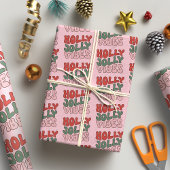 Holly Jolly Vibes Groovy Retro Kerstmis Cadeaupapier