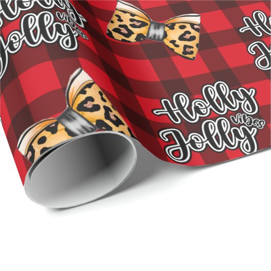 Holly Jolly Vibes Red Plaid Patroon Kerstmis Cadeaupapier (Rol Hoek)