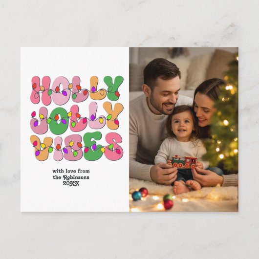 "Holly Jolly Vibes" Retro Kerstverlichting Foto Feestdagenkaart (Voorkant)