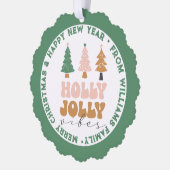 Holly Jolly Vibes, Vrolijk Kerstfeest & Nieuwjaar Ornament Kaart (Links)
