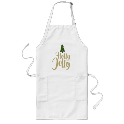 Holly Jolly Wit Goud Vrolijk Kerstfeest Lang Schort (Voorkant)