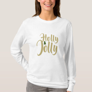 Holly Jolly Wit Goud Vrolijk Kerstmis Lange Mouw T-shirt