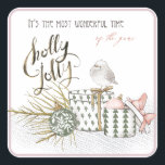Holly Jolly Wonderful Time Kerstmis Vierkante Sticker<br><div class="desc">Schattige en charmant Vakantie decor om het seizoen te vieren in pastelwijze en blos roze. Ingewikkelde geschenken,  kerstversiering,  tak en vogel onderstrepen de boodschap dat dit de mooiste tijd van het jaar is! Kalligrafische typografie "holly jolly".</div>