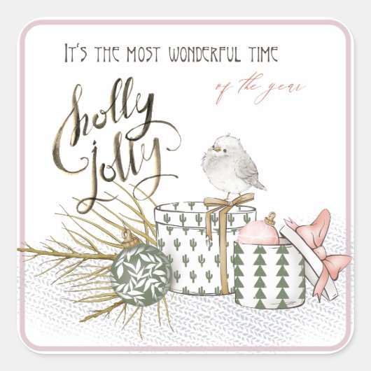 Holly Jolly Wonderful Time Kerstmis Vierkante Sticker (Voorkant)