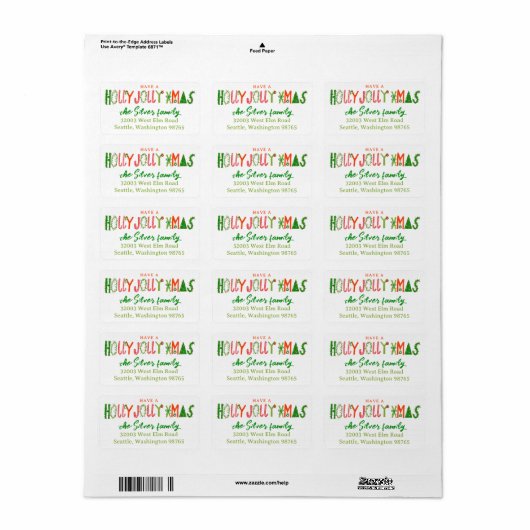 HOLLY JOLLY XMAS Holiday Christmas CUSTOM address Etiket (Full Sheet)
