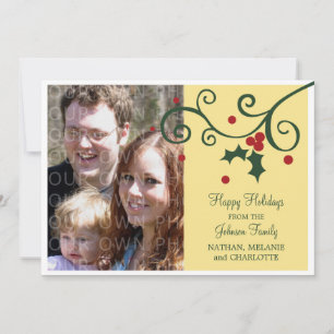 Holly Kerst Foto Plat Kaart, Geel Feestdagenkaart