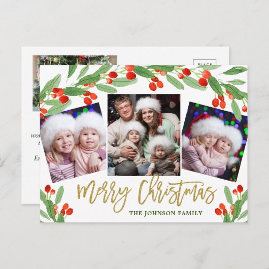 Holly Kerstfeestdag 4 PHOTO Greeting Briefkaart (Voorkant / Achterkant)