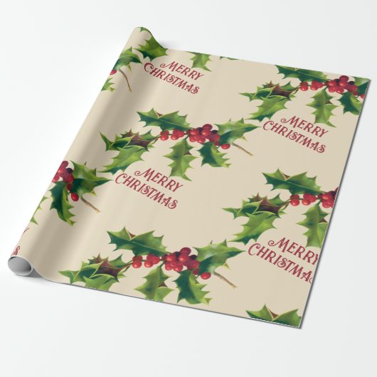 Holly kerstgroet Cadeaupapier (Uitgerold)