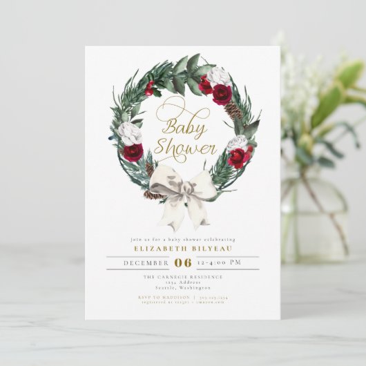 HOLLY Kerstmis Burgundy Floral Foto Baby shower Kaart (Staand voorkant)
