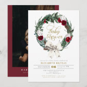 HOLLY Kerstmis Burgundy Floral Foto Baby shower Kaart (Voorkant / Achterkant)