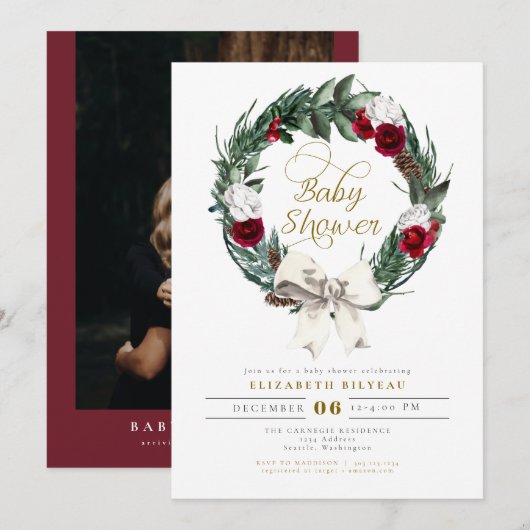 HOLLY Kerstmis Burgundy Floral Foto Baby shower Kaart (Voorkant / Achterkant)