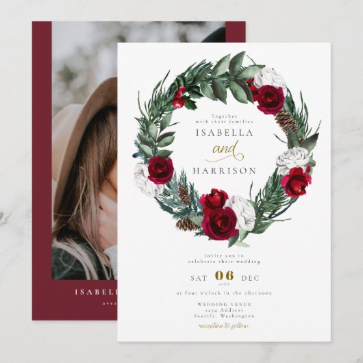 HOLLY Kerstmis Burgundy Floral Foto bruiloft Kaart (Voorkant / Achterkant)