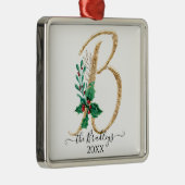 Holly Kerstmis Gold Glitter Family Monogram B Metalen Ornament (Rechts)