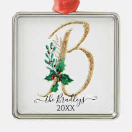 Holly Kerstmis Gold Glitter Family Monogram B Metalen Ornament