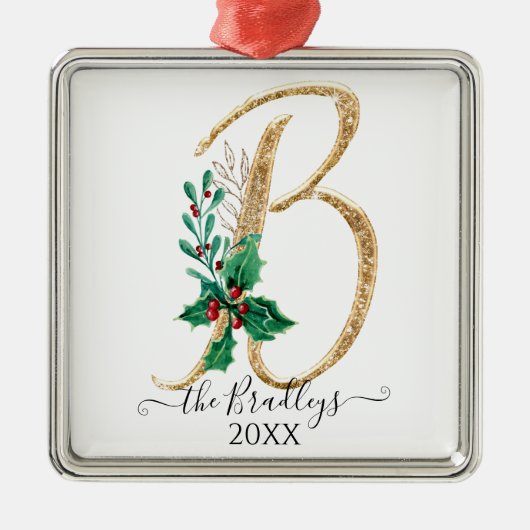 Holly Kerstmis Gold Glitter Family Monogram B Metalen Ornament (Voorkant)