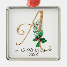 Holly Kerstmis Gold Glitter Monogram A Familie Metalen Ornament