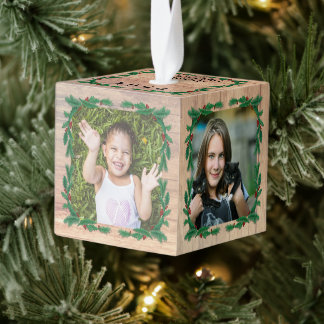 Holly Krans Ingelijste Houten Kubus Foto Ornament