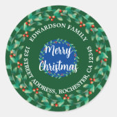 Holly krans Vrolijk Kerstfeest Familie retouradres Ronde Sticker (Voorkant)