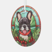 Holly krans zwart wit franse buldog glas ornament (Voorkant links)