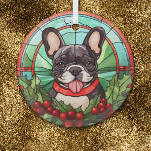 Holly krans zwart wit franse buldog glas ornament