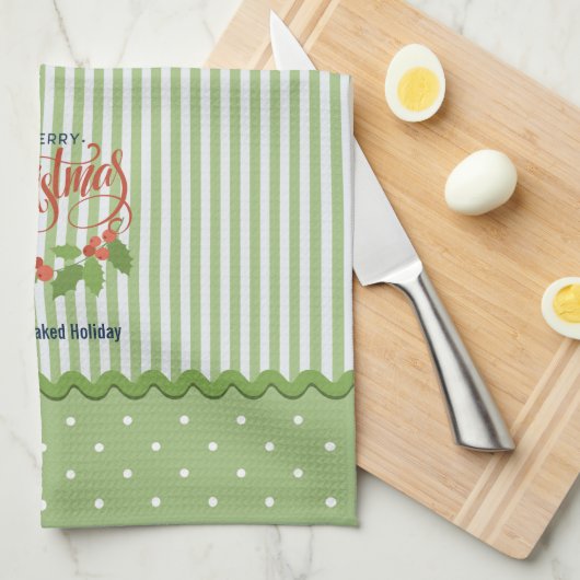 Holly laat bessen strepen kerst theedoek (Quarter Fold)