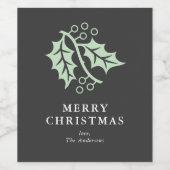 Holly Leaf and Berries Charcoal Grey Christmas Wijn Etiket (Enkel label)
