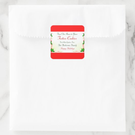 Holly Leaf en Red Ribbon Holiday Food Vierkante Sticker (Tas)
