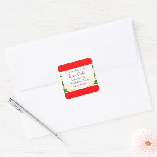 Holly Leaf en Red Ribbon Holiday Food Vierkante Sticker (Envelop)