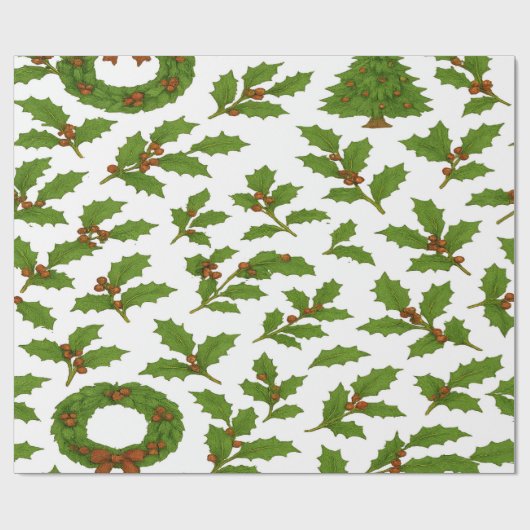 Holly Leaf & Krans Kerstmis Cadeaupapier (Vlak)