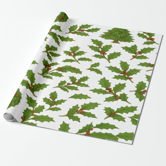Holly Leaf & Krans Kerstmis Cadeaupapier (Uitgerold)