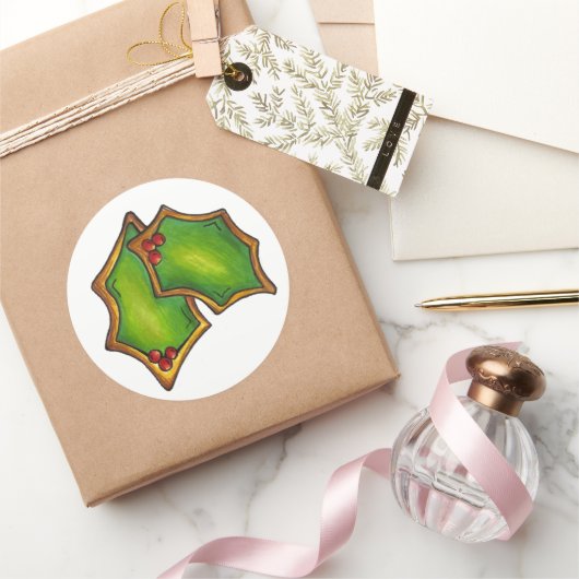 Holly Leaf Leaves Kerstkoekjes Green Red Berry Ronde Sticker (Geschenken)
