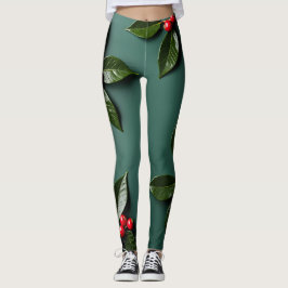 Holly Leaves and Berries op een diep groen doek Leggings