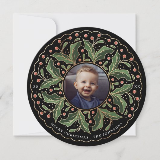 Holly Leaves and Berries Round Photo Feestdagenkaart (Voorkant)
