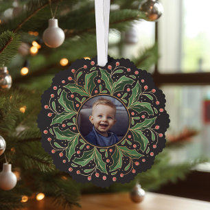 Holly Leaves and Berries Round Photo Ornament Kaart