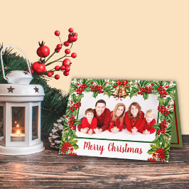 Holly Leaves and Berries Vrolijk Kerstfeest Foto Feestdagen Kaart