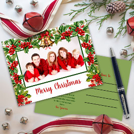 Holly Leaves and Berries Vrolijk Kerstfeest Foto Feestdagenkaart