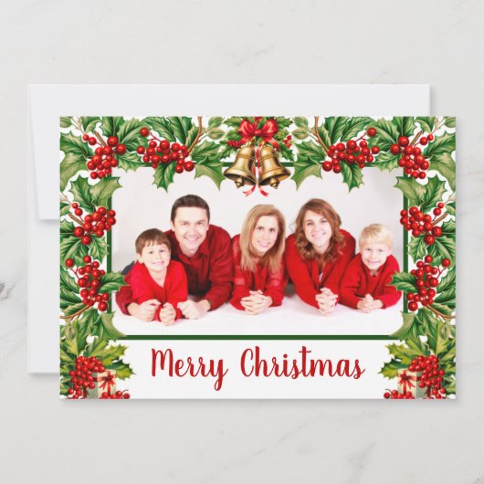 Holly Leaves and Berries Vrolijk Kerstfeest Foto Feestdagenkaart (Voorkant)