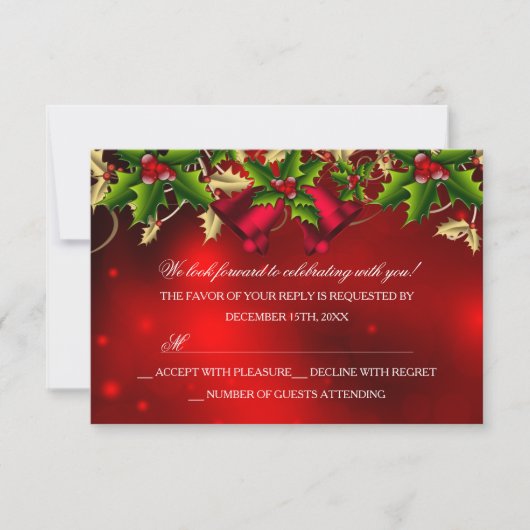 Holly Leaves & Bell Red Christmas Party RSVP (Voorkant)