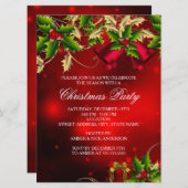 Holly Leaves & Bell Red Kerstparty Invite Kaart (Voorkant / Achterkant)