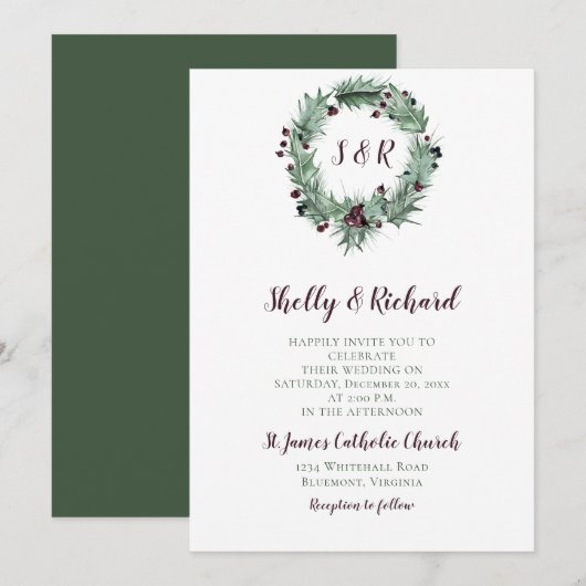 Holly Leaves, Berries, Ferns Wreath Winter Wedding Kaart (Voorkant / Achterkant)