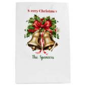 Holly Leaves & Berries Gouden Klokken Vrolijk Kers Medium Cadeauzakje (Voorkant)