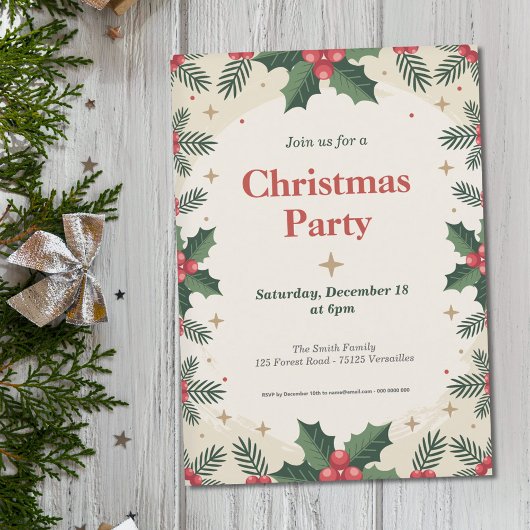 Holly Leaves & Berries - Kerstfeest Kaart