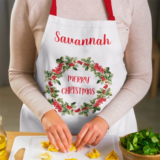 Holly Leaves & Berries Krans Vrolijk Kerstfeest Schort