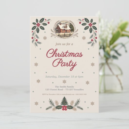 Holly Leaves & Berries - Vintage kerstfeest Kaart (Staand voorkant)