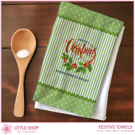 Holly Leaves Berries Vintage Stripes Christmas Theedoek