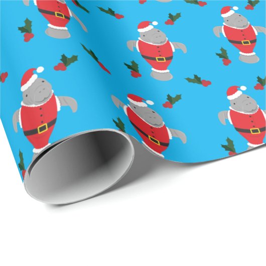 Holly Leaves Berry Animal Manatee Santa Kerstmis Cadeaupapier (Rol Hoek)