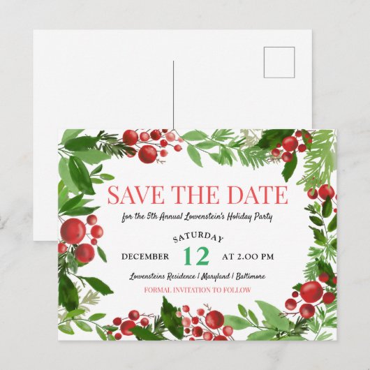 Holly Leaves | Berry Holiday Party Bewaar de datum Aankondigingskaart (Voorkant / Achterkant)