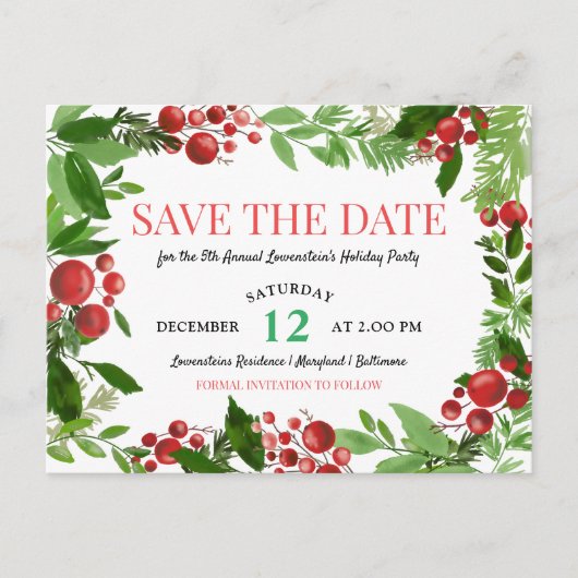 Holly Leaves | Berry Holiday Party Bewaar de datum Aankondigingskaart (Voorkant)