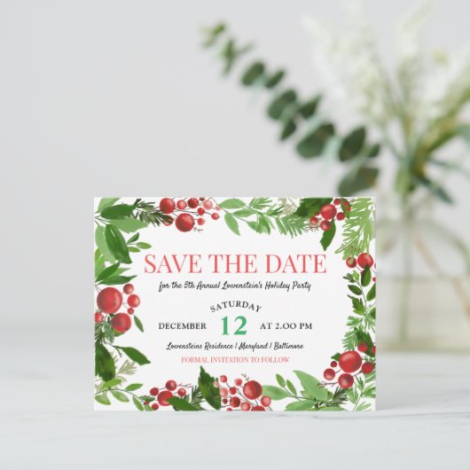 Holly Leaves | Berry Holiday Party Bewaar de datum Aankondigingskaart (Staand voorkant)